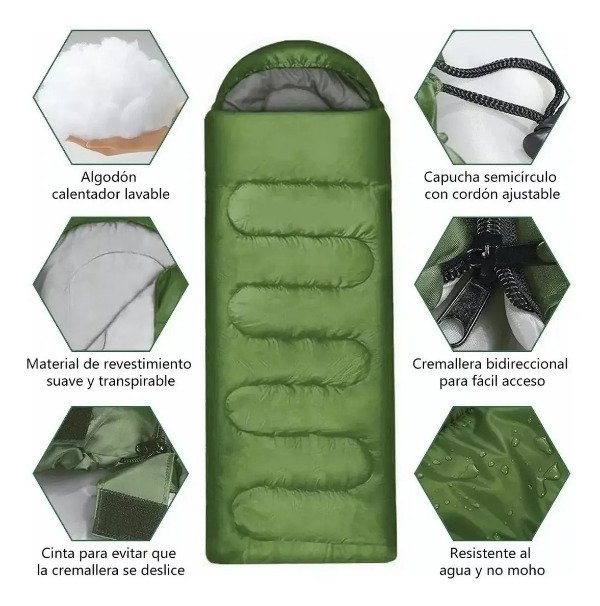 Producto - Bolsa de Dormir con Capucha Verde Tamaño Grande Apertura Completa - 1