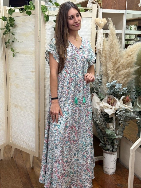 Producto - Vestido de seda largo manga corta rosa