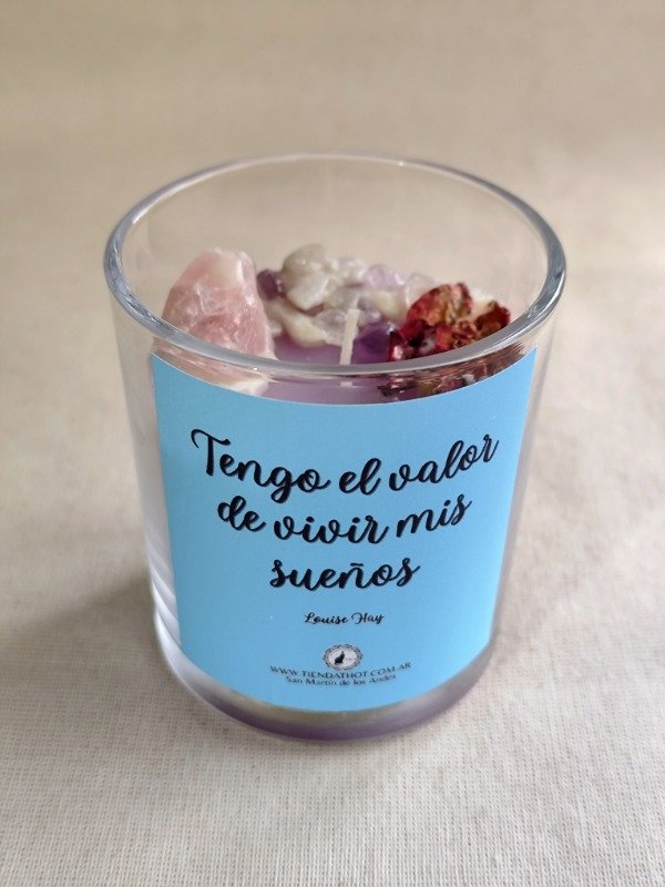 Producto - VELA "TENGO EL VALOR DE VIVIR MIS SUEÑOS" - Con cuarzo rosa, amatista. 250ml - 0