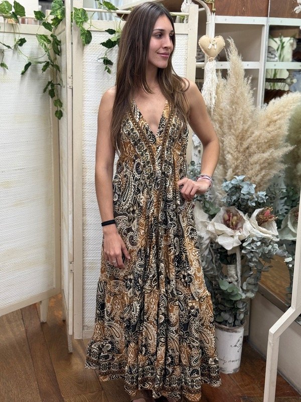 Producto - Vestido de seda largo negro con beige