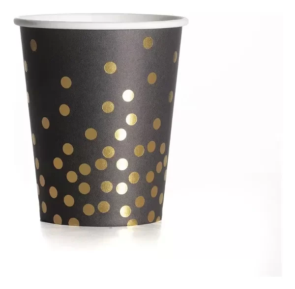Producto - SET PLATO - VASO - SORBETE NEGRO LUNARES DORADO x30