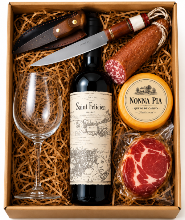 Producto - Caja Regalo Gourmet Premium Saint Felicien Malbec o Cabernet + Picada + Cuchillo - 0