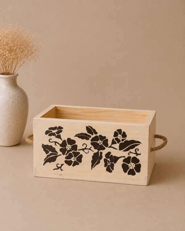 Producto - cajón en madera con manijas de yute: "flores" color manteca