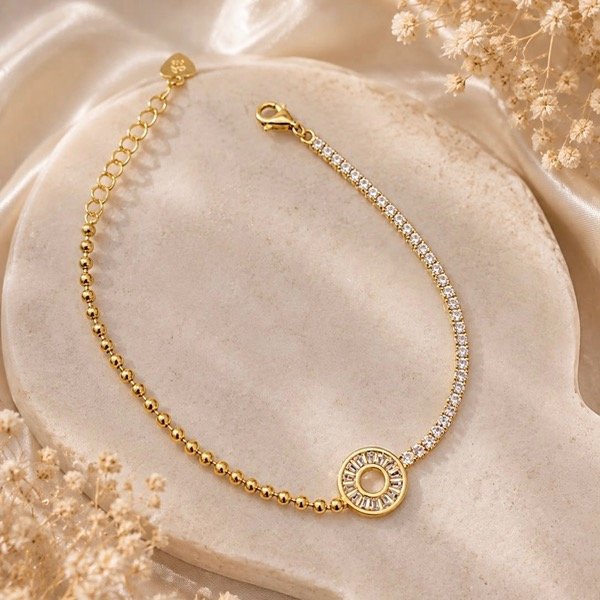 Producto - Pulsera círculo con piedras baguettes combinas con bolitas Plata 925 Dorado