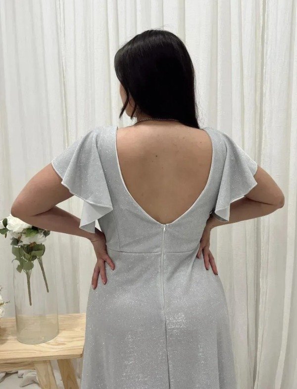 Vestido largo con mangas plateado lurex y talle grande — imagen 5