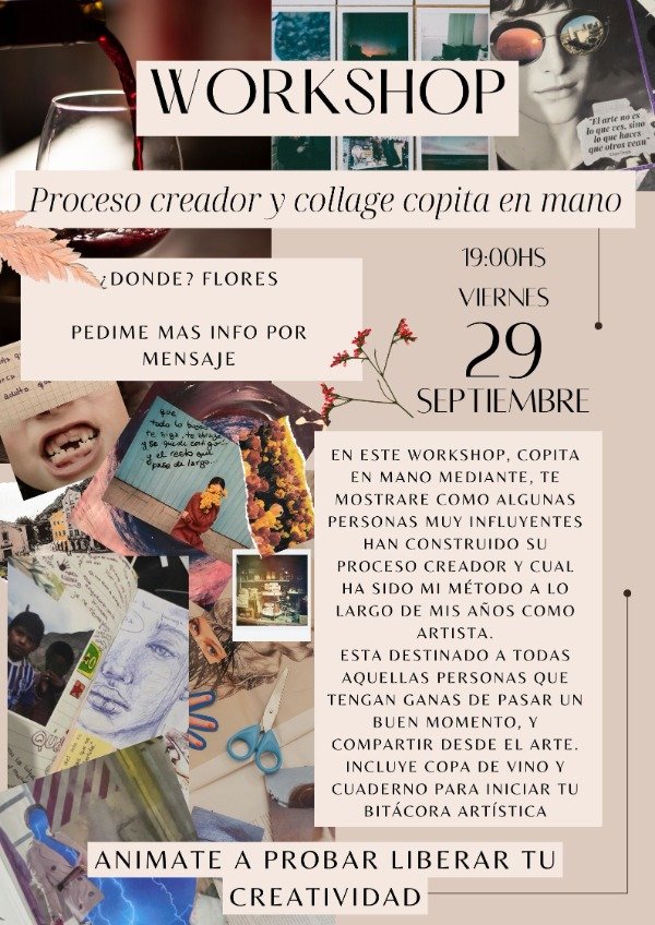 Producto - Seña del workshop proceso creador, collage y copita en mano.