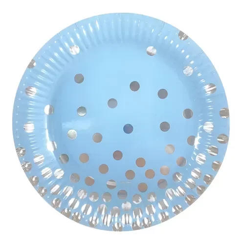 Producto - Plato polipapel con stamping x8un color celeste pastel lunares plateados