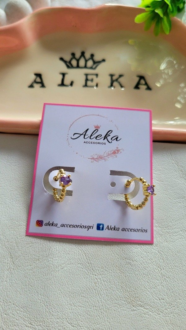 Producto - Conjunto dije y aros cubic redondo lila con strass de acero dorado - 5