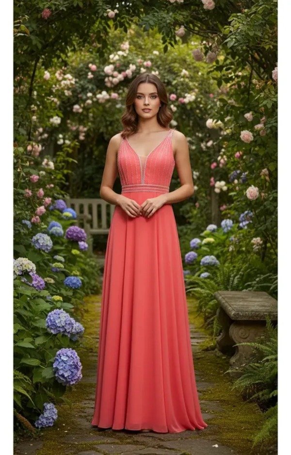 Vestido largo coral escote v falda amplia con brillos — imagen 3
