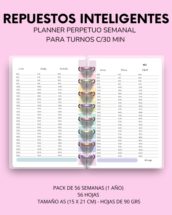 Producto - REPUESTO AGENDA SEMANAL CON TURNOS C/30 MIN