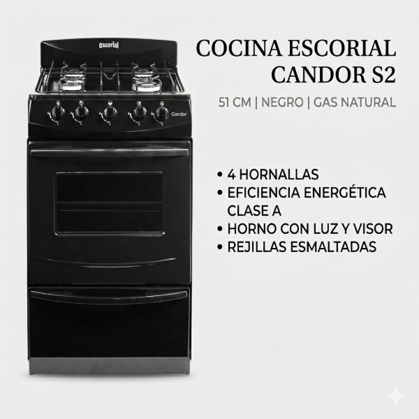 Producto - COCINA ESCORIAL CANDOR S2 51CM GAS NATURAL NEGRO