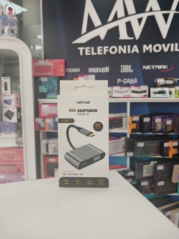 Producto - HUB Adap 4 en 1 Tipo-C a (Hdmi + Usb3.0 + Tipoc + Vga) Netmak NM-4EN1