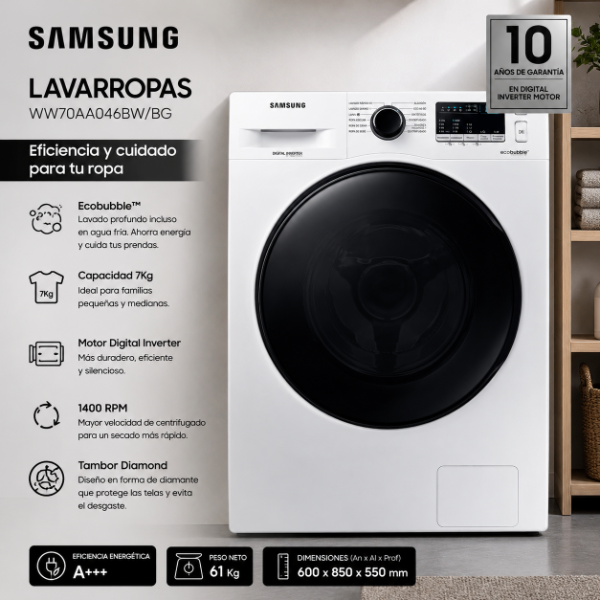 Producto - LAVARROPAS SAMSUNG 7KG WW70AA46BW INVERTER-BLANCO
