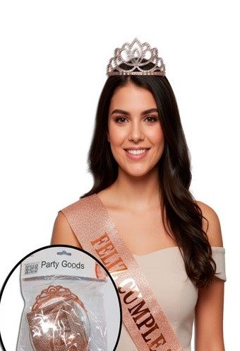 Producto - Set Tiara con Strass 1 Gema + Banda Feliz Cumpleaños Rosa Gold