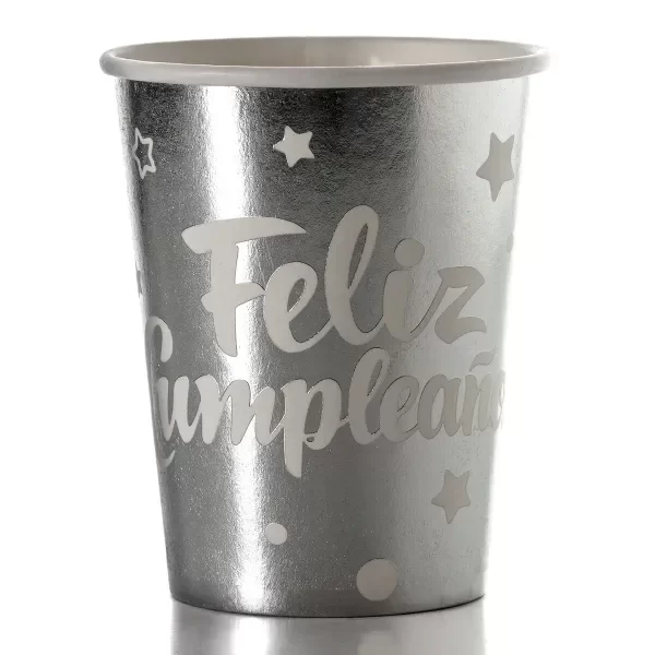 Producto - Vaso metalizado impreso FELIZ CUMPLE x10un color plateado letra blanca