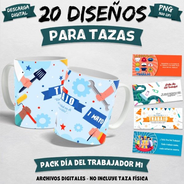 Producto - Pack 20 Diseños para Tazas Del Día Del Trabajador M1 PNG 300 DPI