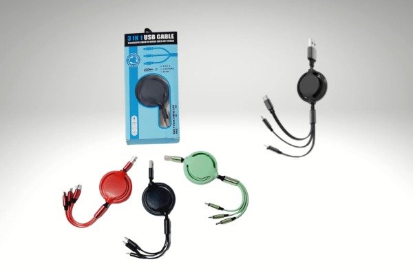 Producto - CABLE RETRACTIL 3 EN 1 - USB COLORES SURTIDOS