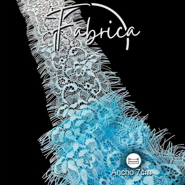 Producto - PS237 Puntilla Celeste angosta rígida con pelitos. Medida: 7cm (por metro)