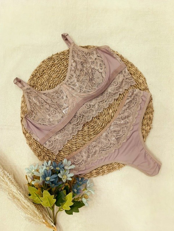 Producto - Art. 166 - Georgette - Conjunto Bralette de Encaje  Puntilla Colaless Avellana