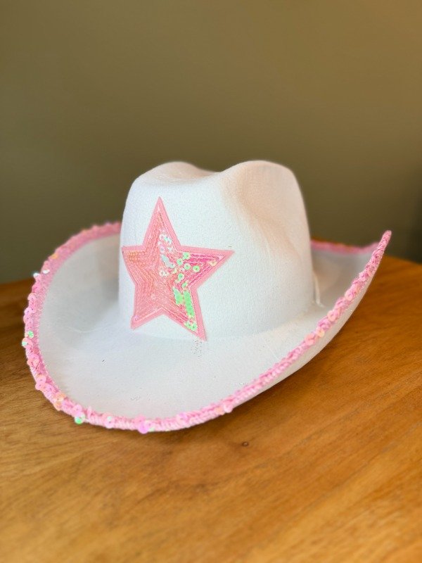 Producto - Sombrero Cowboy lentejuelas blanco con rosa