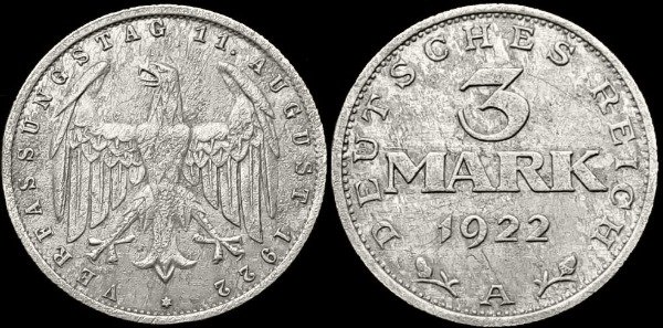 Producto - Alemania - República de Weimar - 3 Marcos (1922 A) KM #29 [F+]
