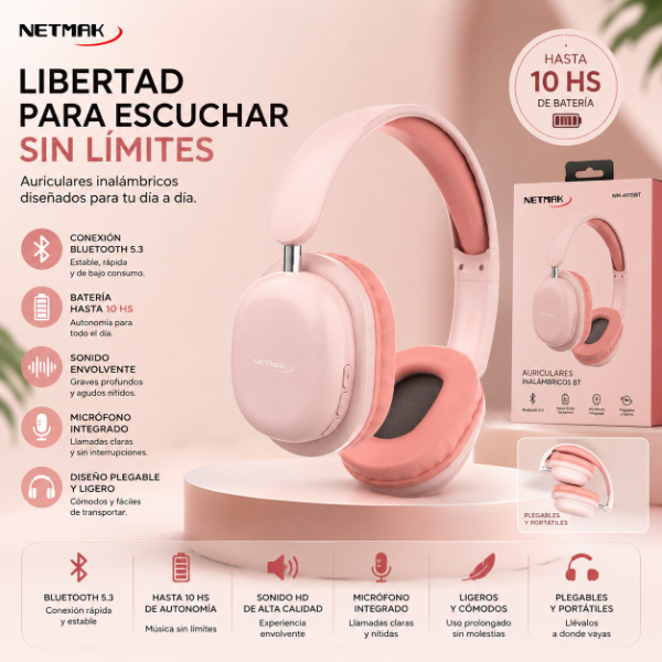 Producto - AURICULAR BT NETMAK VINCHA NM-LIVE ROSA