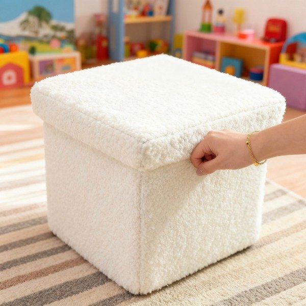 Producto - Puff Boucle Cuadrado Plegable Estructura Reforzada- Thw Blanco