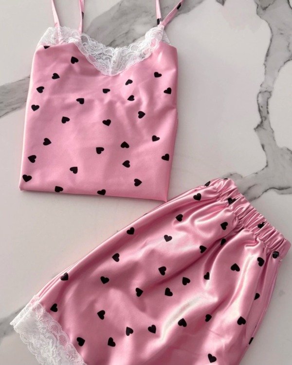 Producto - Pijama de raso - Rosa con corazones