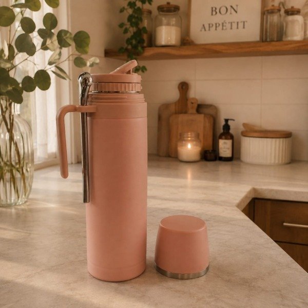 Producto - Termo Rosa de acero con pico rebatible + bombilla 1 ltr