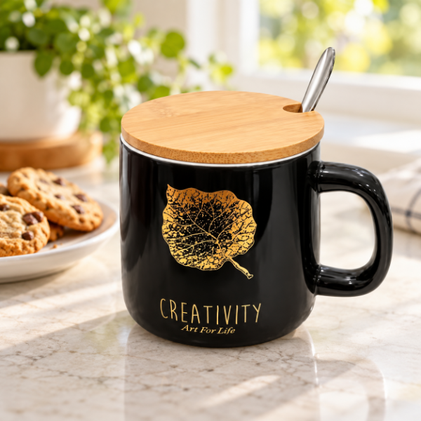 Producto - TAZA DE CERAMICA CON TAPA DE BAMBÚ  Y CUCHARA DISEÑO DORADO SURTIDO 300ML - 0