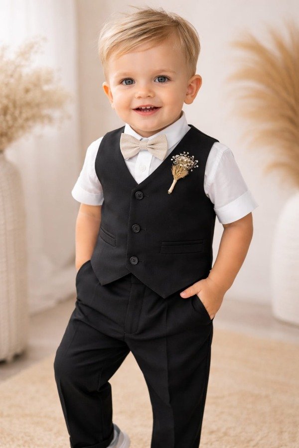 Producto - Traje de bebe chaleco y pantalon de gabardina color negro