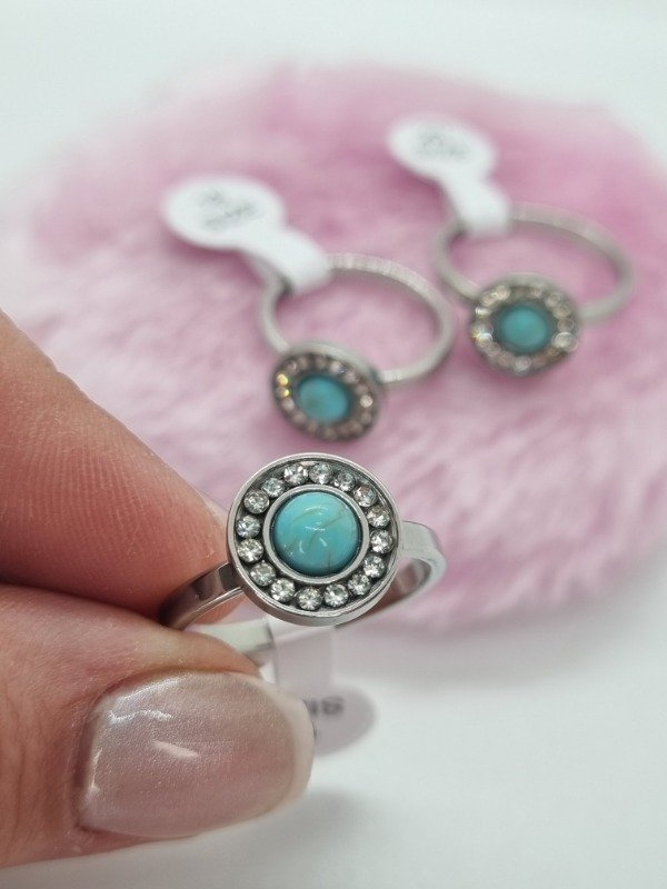 Producto - Anillos acero quirúrgico x3 strass y piedra turquesa tamaño surt