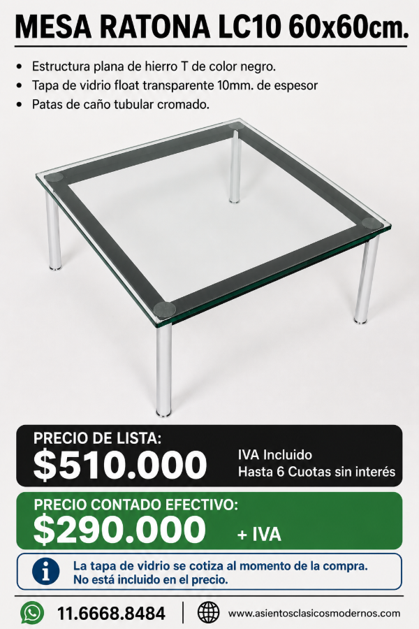 Producto - Mesa Ratona LC10 60x60, Patas Tubular Cromadas, Sin Vidrio!!