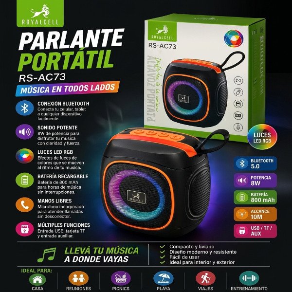 Producto - Parlante Portatil RS-AC73 8W Recargable Led RGB MicroSD Portal Celular Correa - 7