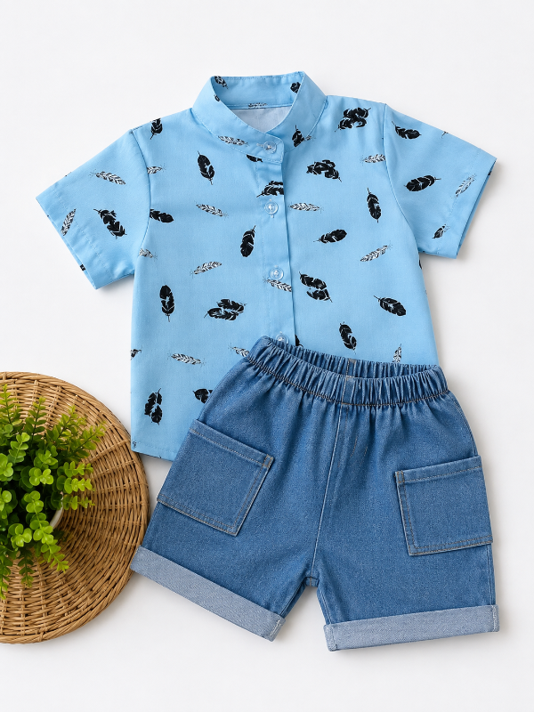 Producto - CONJUNTO ERIC HOJAS CELESTE (CAMISA + SHORT)
