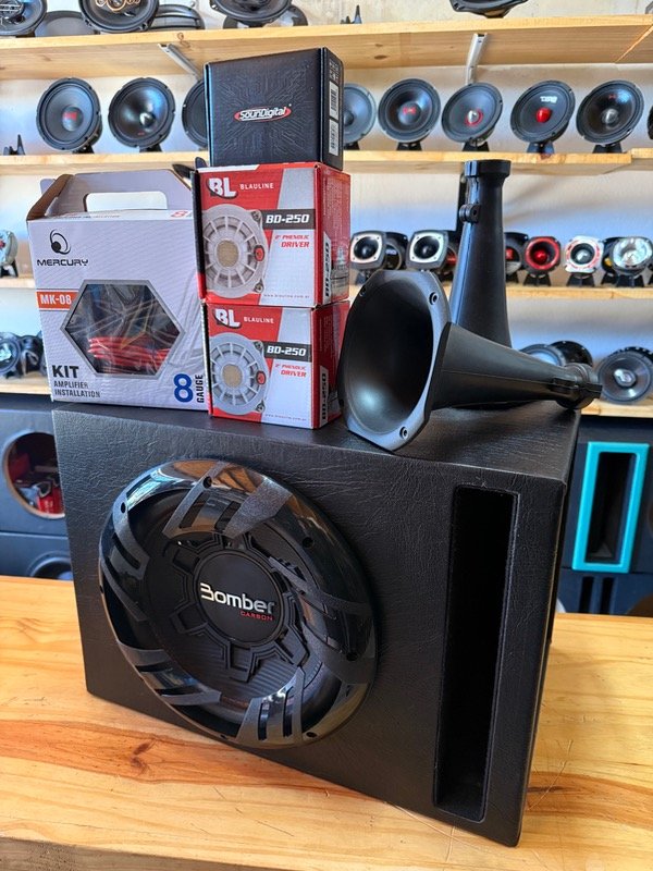 Producto - COMBO SUB 12" BOMBER 250RMS + POTE 400.4 + 2 DRIVER BL + KIT DE CABLES + CAJON