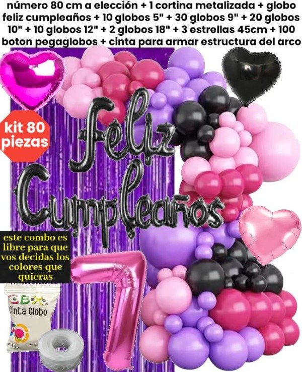 Producto - Kit 80 piezas globos rosa negro violeta lila