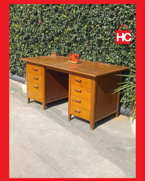Producto - Gran escritorio de oficina vintage en madera con doble cajonera - 1