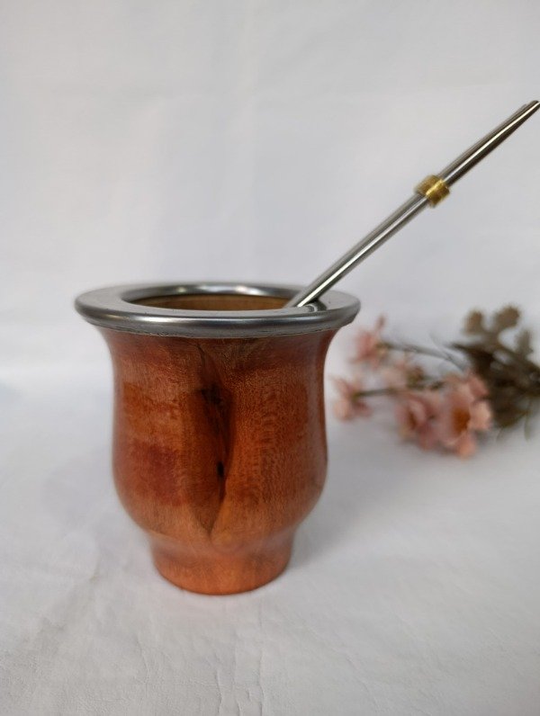 Producto - Mate lacado de algarrobo + bombilla chata de acero inoxidable II /6p/