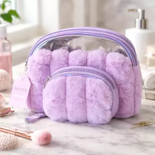 Producto - SET DE 3 NECESER PORTA COSMETICOS TRANSPARENTE Y PELUCHE 18X24 - 5