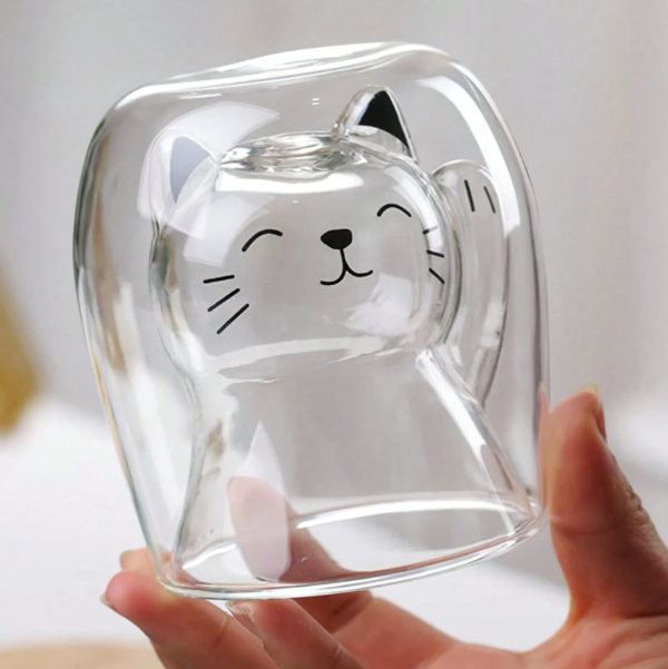 Producto - Taza de vidrio doble con diseño de gatito.