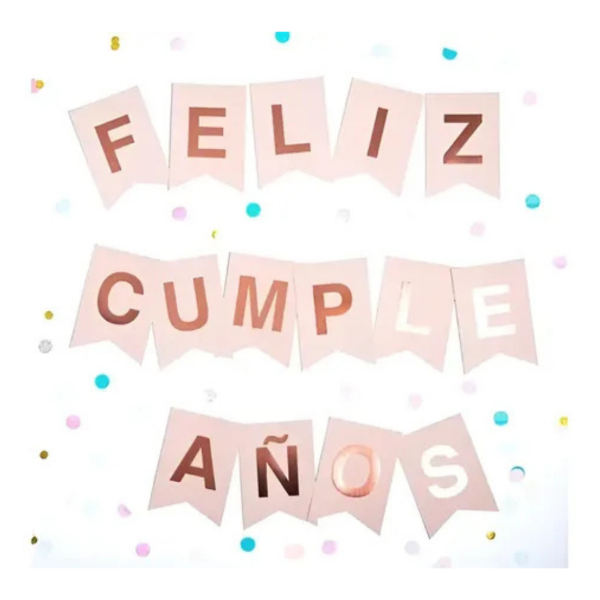 Producto - Banderin stamping color FELIZ CUMPLEAÑOS color rosa pastel letra rosa gold
