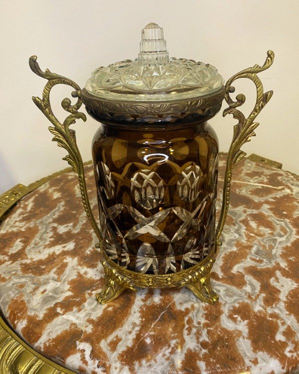 Producto - Caramelera / Bombonera De Cristal Tallado Y Bronce Antiguo Marrón