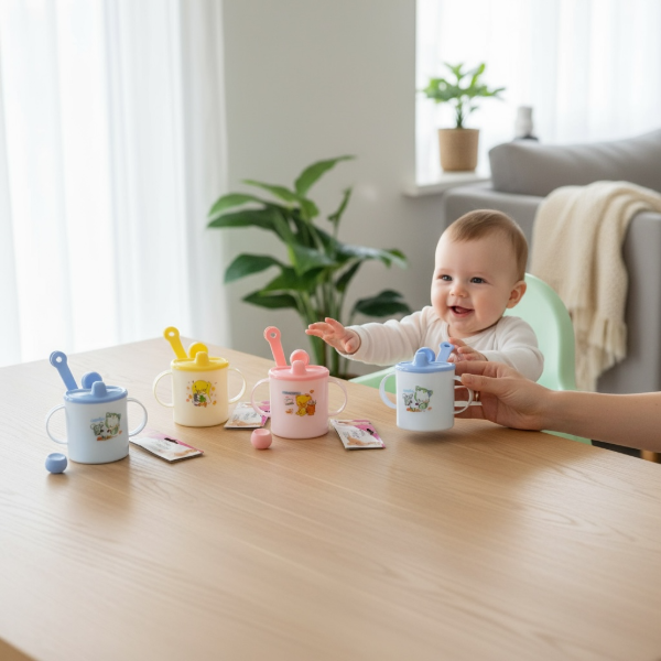 Producto - SET BEBÉ PLÁSTICO: PLATO + CUCHARA + TENEDOR + CHUPITO