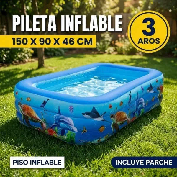 Producto - Pileta Inflable Rectangular 150x90x46 cm 3 Aros Piso Inflable Fondo de Mar - 0