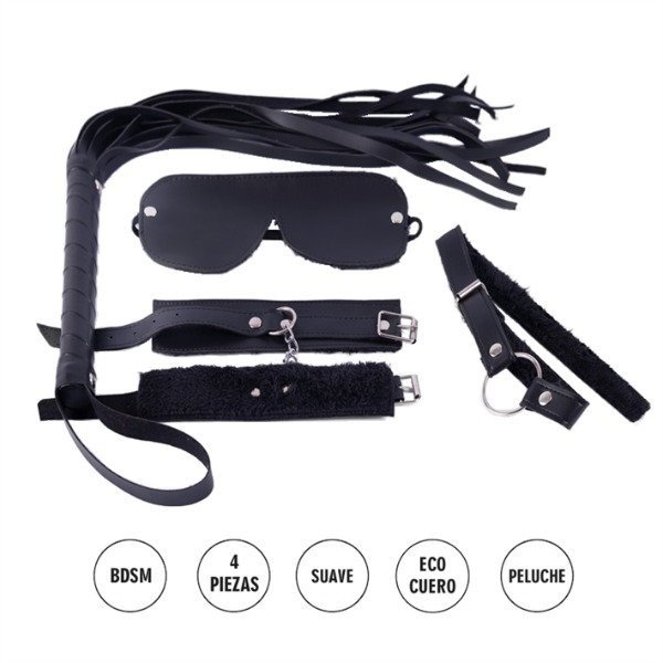Producto - Kit ecocuero negro con antifaz, mordaza, esposas y latigo