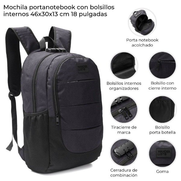 Producto - MOCHILA PORTANOTEBOOK CON BOLSILLOS INTERNOS CON CERRADURA DE COMBINACION 42856
