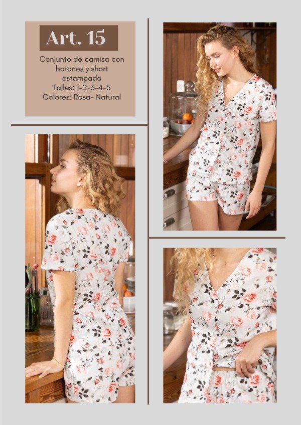 Producto - Art. 15- FRASHE-  Conjunto de Camisa con botones y short estampado ROSA