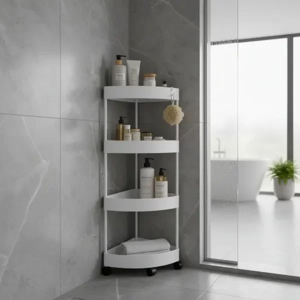Producto - Organizador Esquinero Móvil 4 Niveles Caños Metálicos Ruedas Blanco