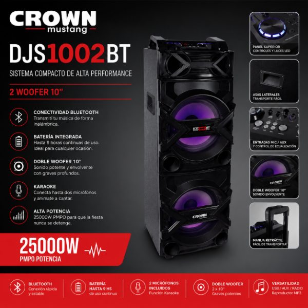 Producto - PARLANTE TORRE CROWN MUSTANG DJS1002BT DOBLE WOOFER 2X10" 25.000 PMPO
